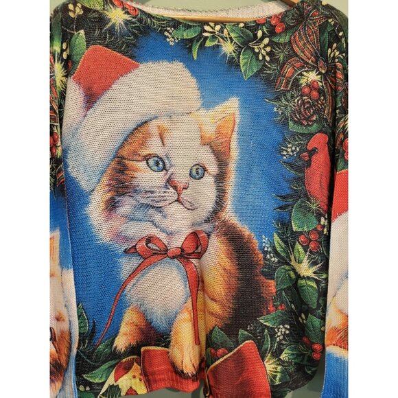 Christmas Cat Loose Knit Long Dolman Sleeve Sweater Yolly Italy Sz S/M - Picture 2 of 7